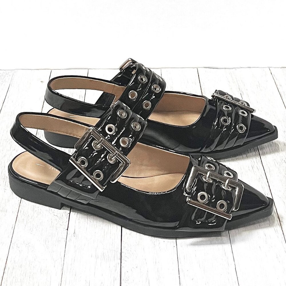 New Womens Black Buckle Pointed Toe Mary Jane Ballet Flats